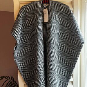 LOFT Poncho Shawl Reversible Plaid Houndstooth Fringe Women's M/L